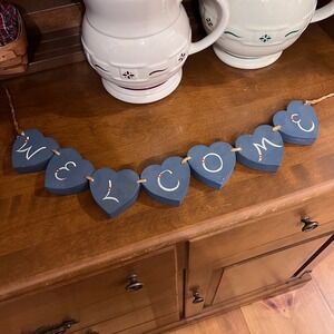 Vintage 90s Country Blue Wood Heart Welcome Garland Cottagecore Farmhouse Decor